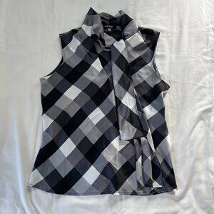 Nine West Black White Buffalo Plaid Tie Neck Sleeveless Blouse NWT | Size M